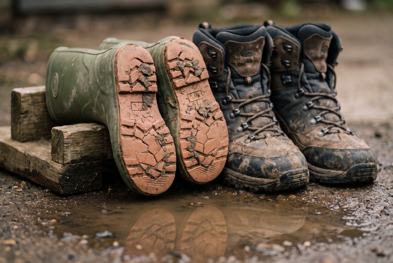 Small wellingtons upended beside muddy adult walking boots, with a puddle underneath