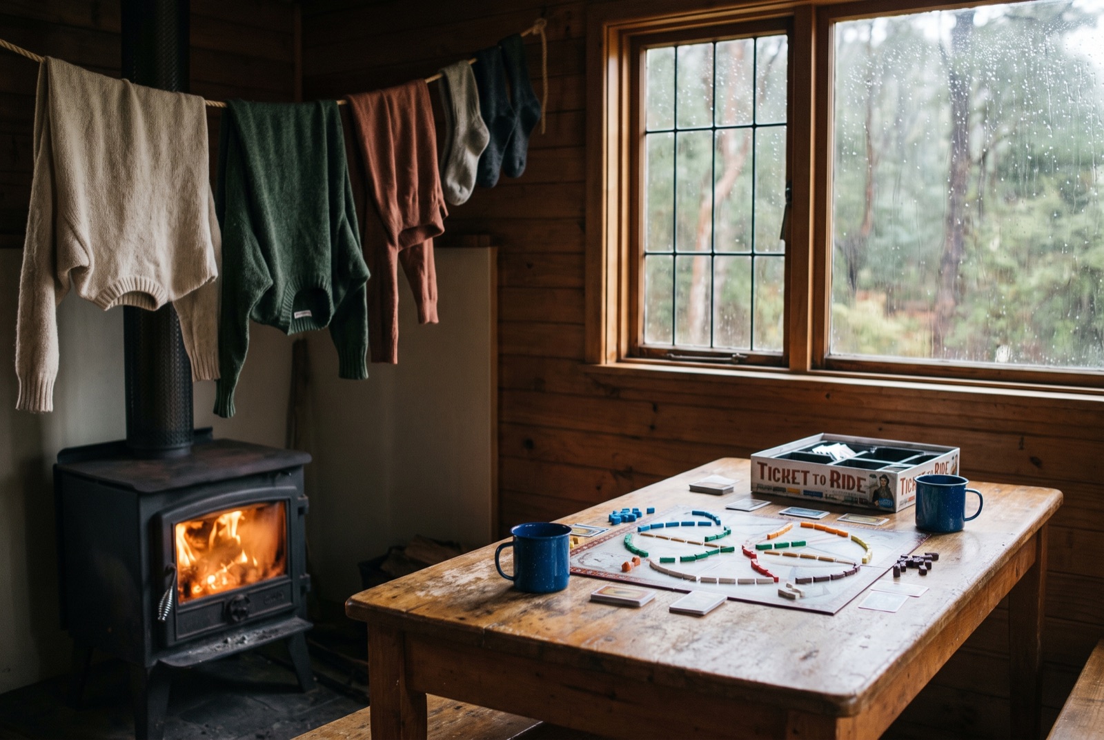 A cabin interior with a lit wood-burner, damp jumpers strung on a line and a half-finished game on a wooden table, rain streaming down the window