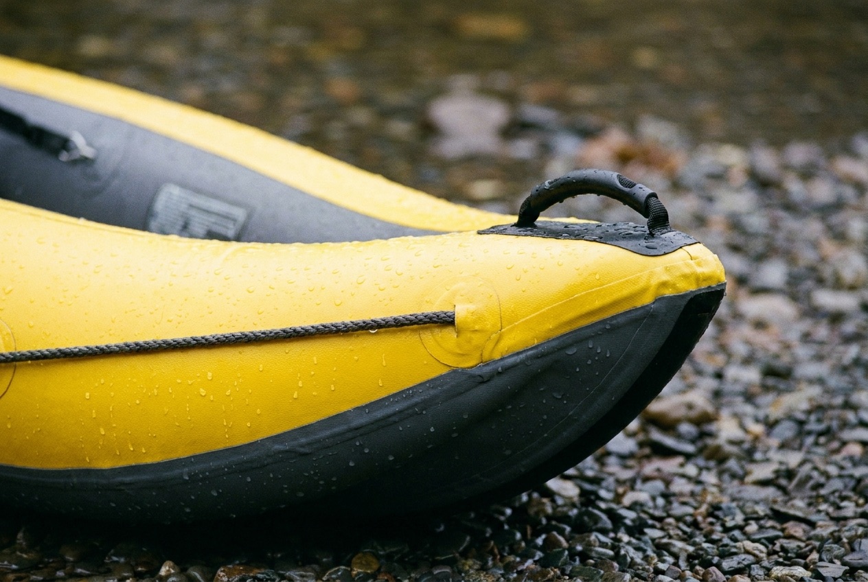 Close detail of the rounded yellow bow of an inflatable kayak on wet gravel, water beading on the PVC and a dark grab line along the seam
