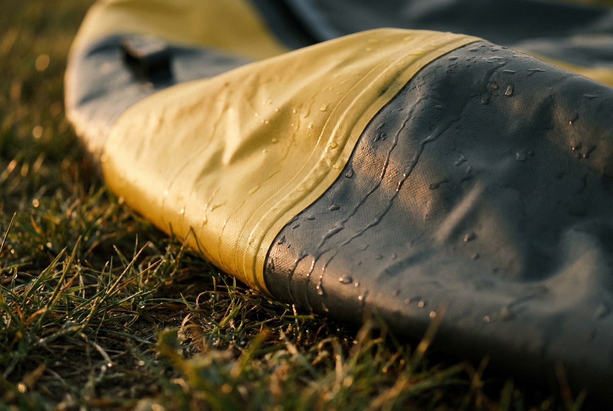 Close detail of wet yellow and dark grey vinyl drying on grass in low evening sun, water droplets standing along the welded seam