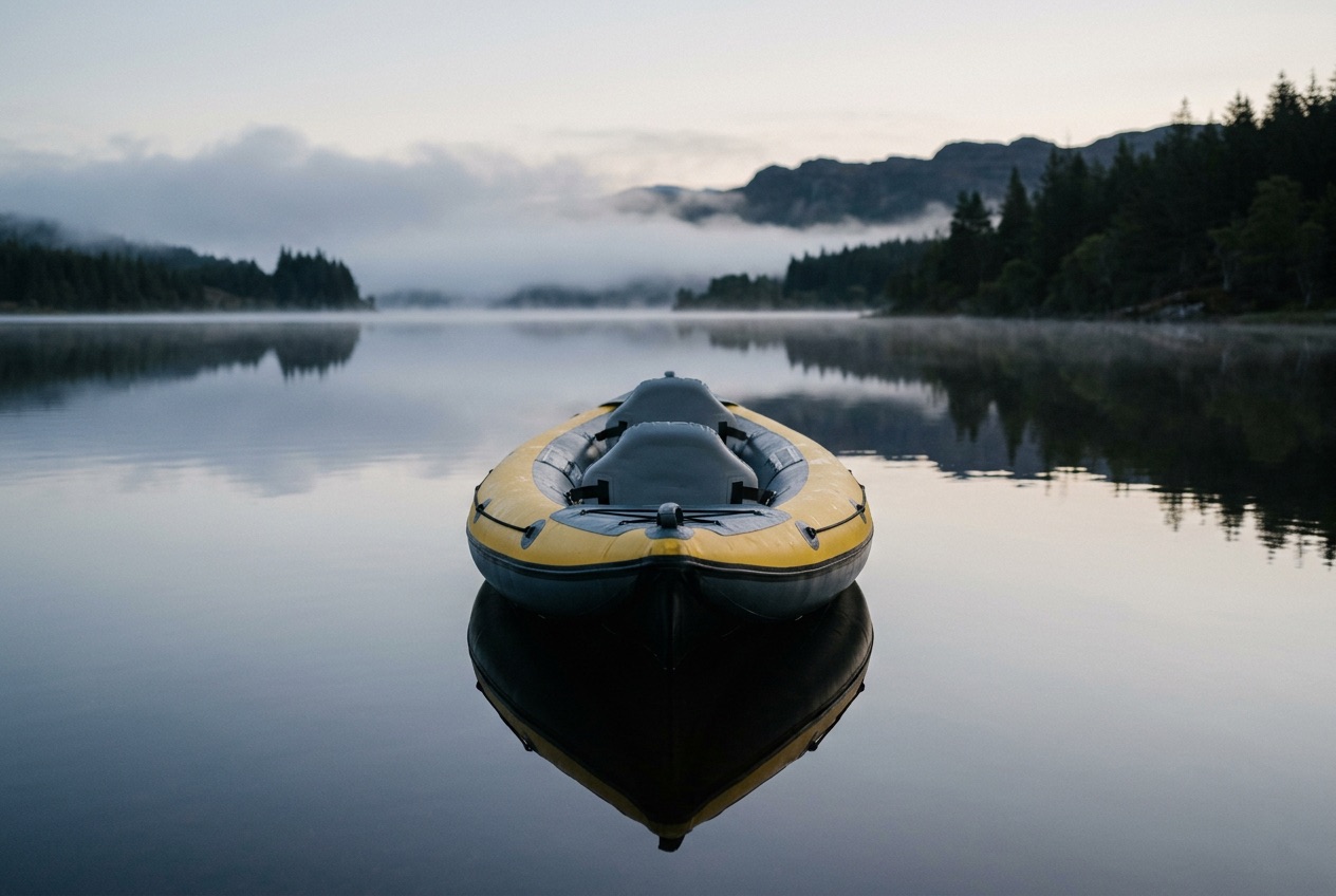 A yellow and grey inflatable kayak sitting empty on mirror-flat water at dawn, mist lying on the loch and dark conifers on the far shore