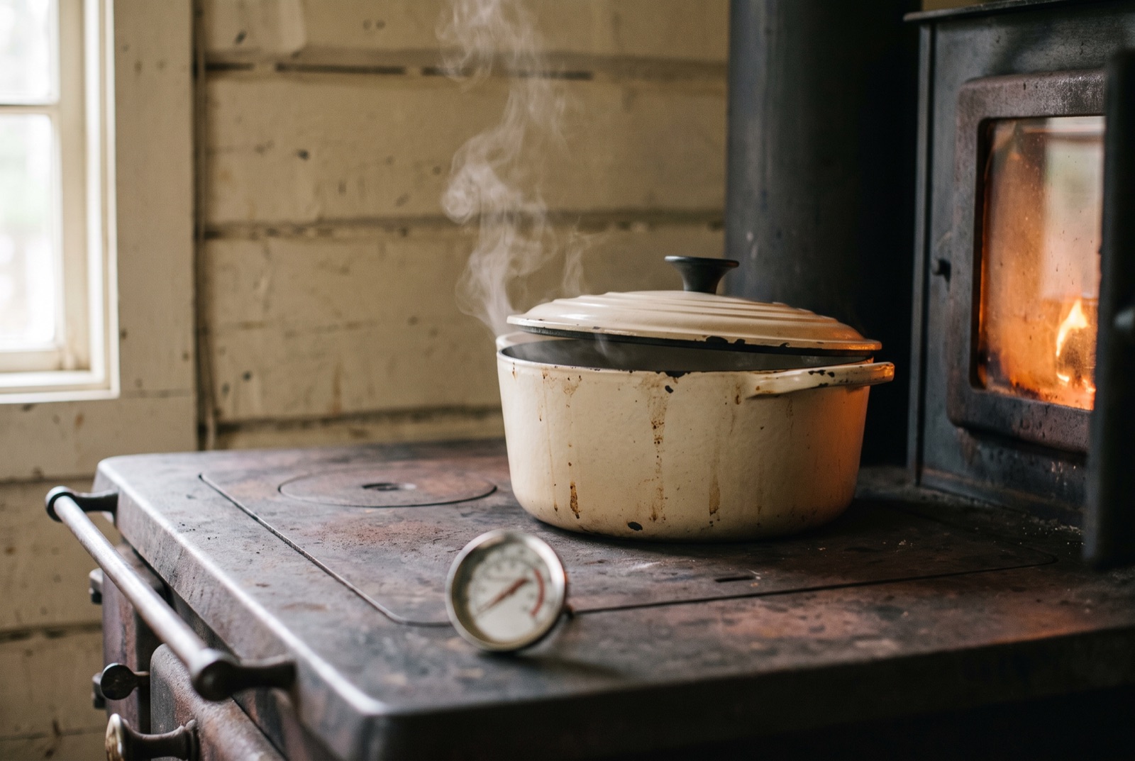 A heavy enamel casserole steaming on the flat top of a cabin wood burner, with a small round surface thermometer stuck to the stove beside it.