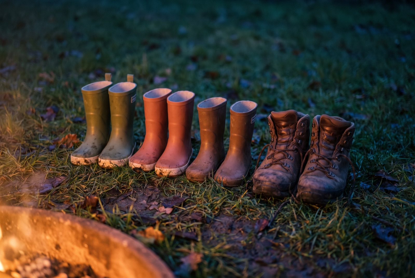 Small wellingtons and adult boots lined up on damp grass at the edge of firelight