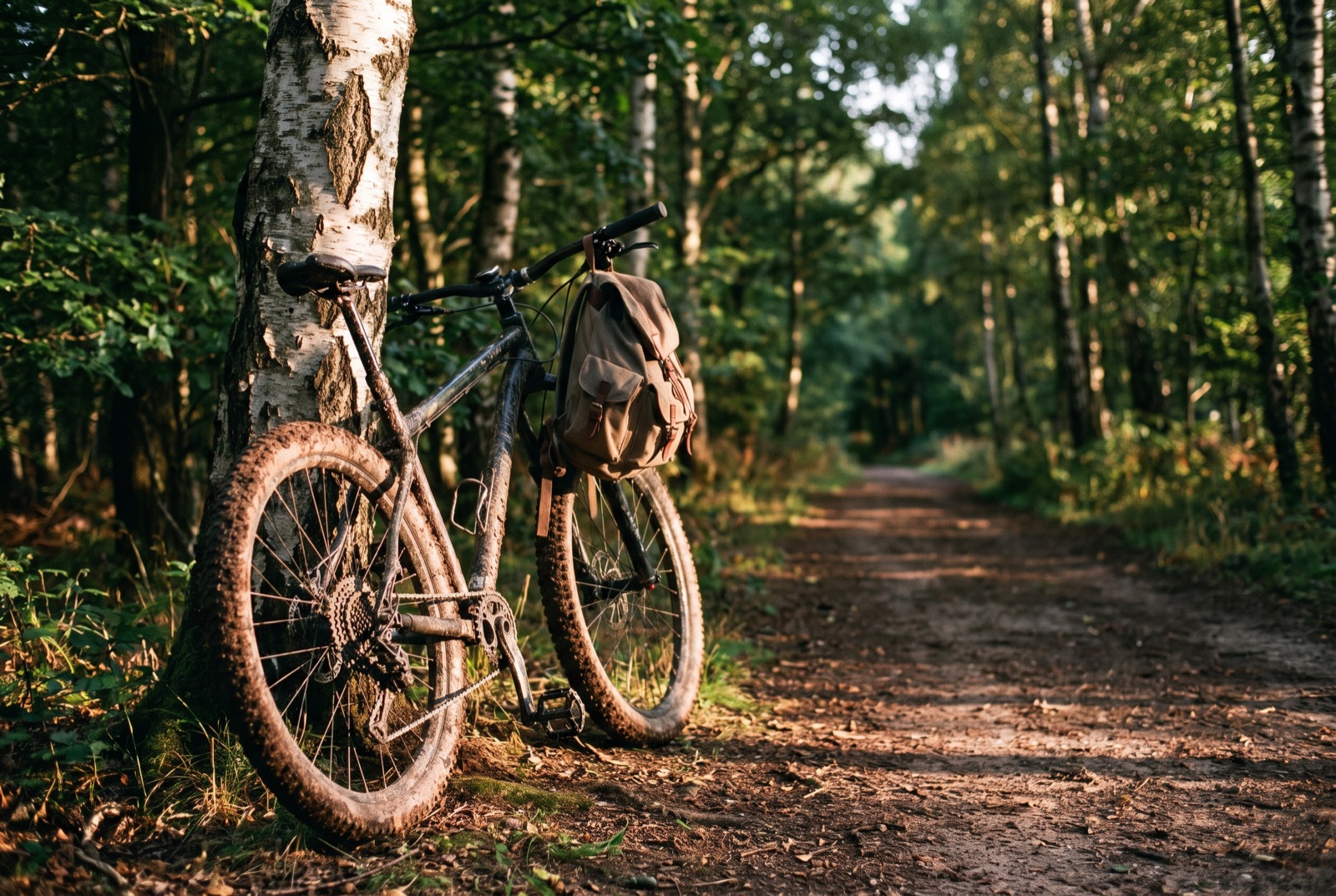A mud-splashed mountain bike leaning against a birch at the edge of a woodland track, a rucksack hooked over the handlebars