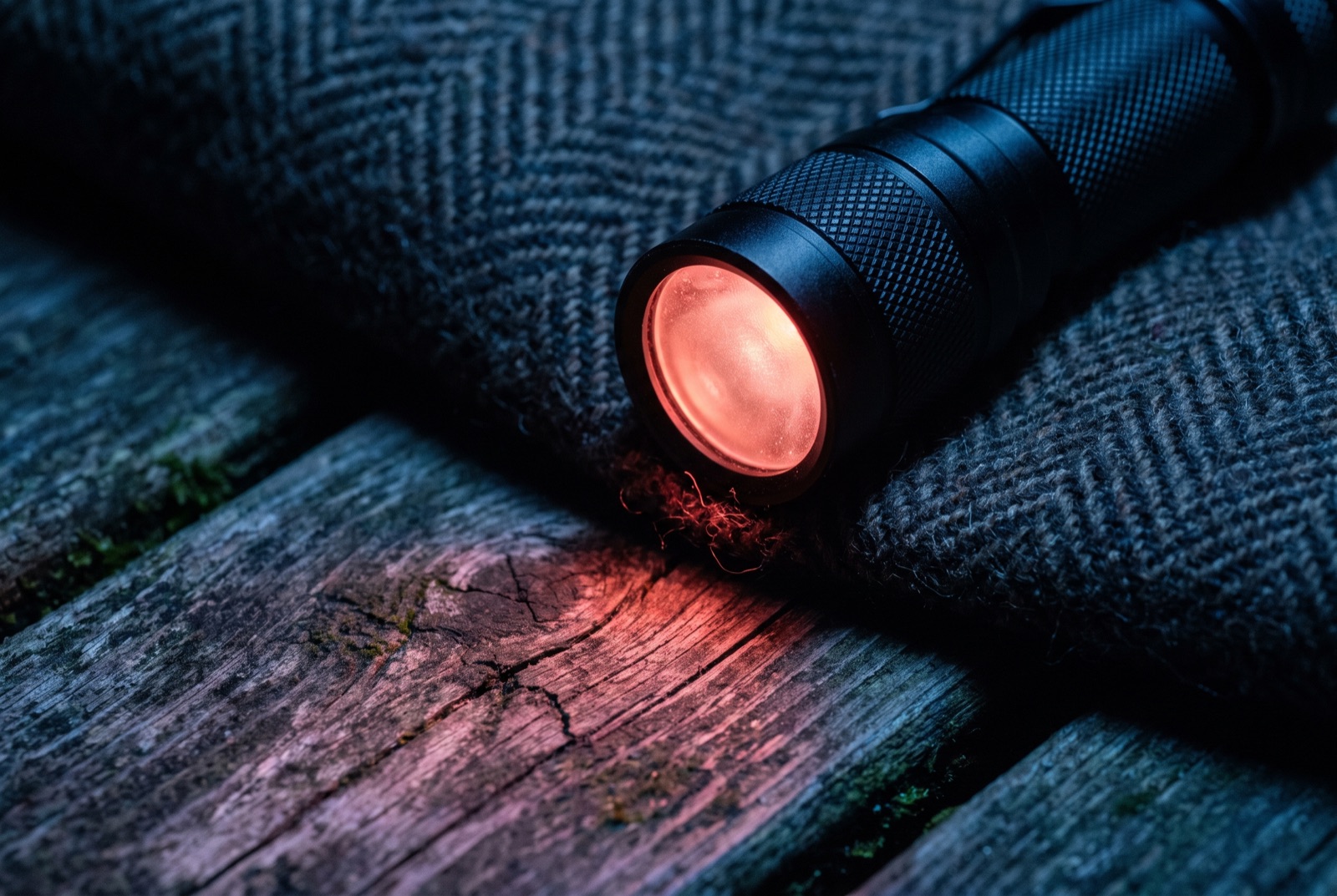A head torch lying on a wool blanket on a wooden bench, its lens glowing dull red in near darkness.