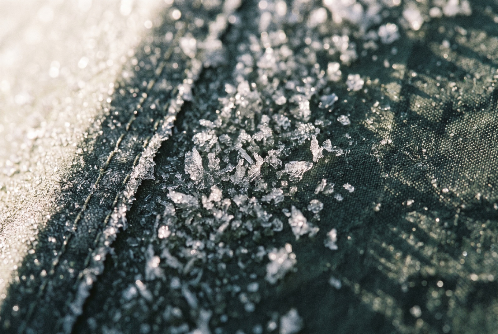 Frost crystals formed across the taut fabric of a tent flysheet in morning light.