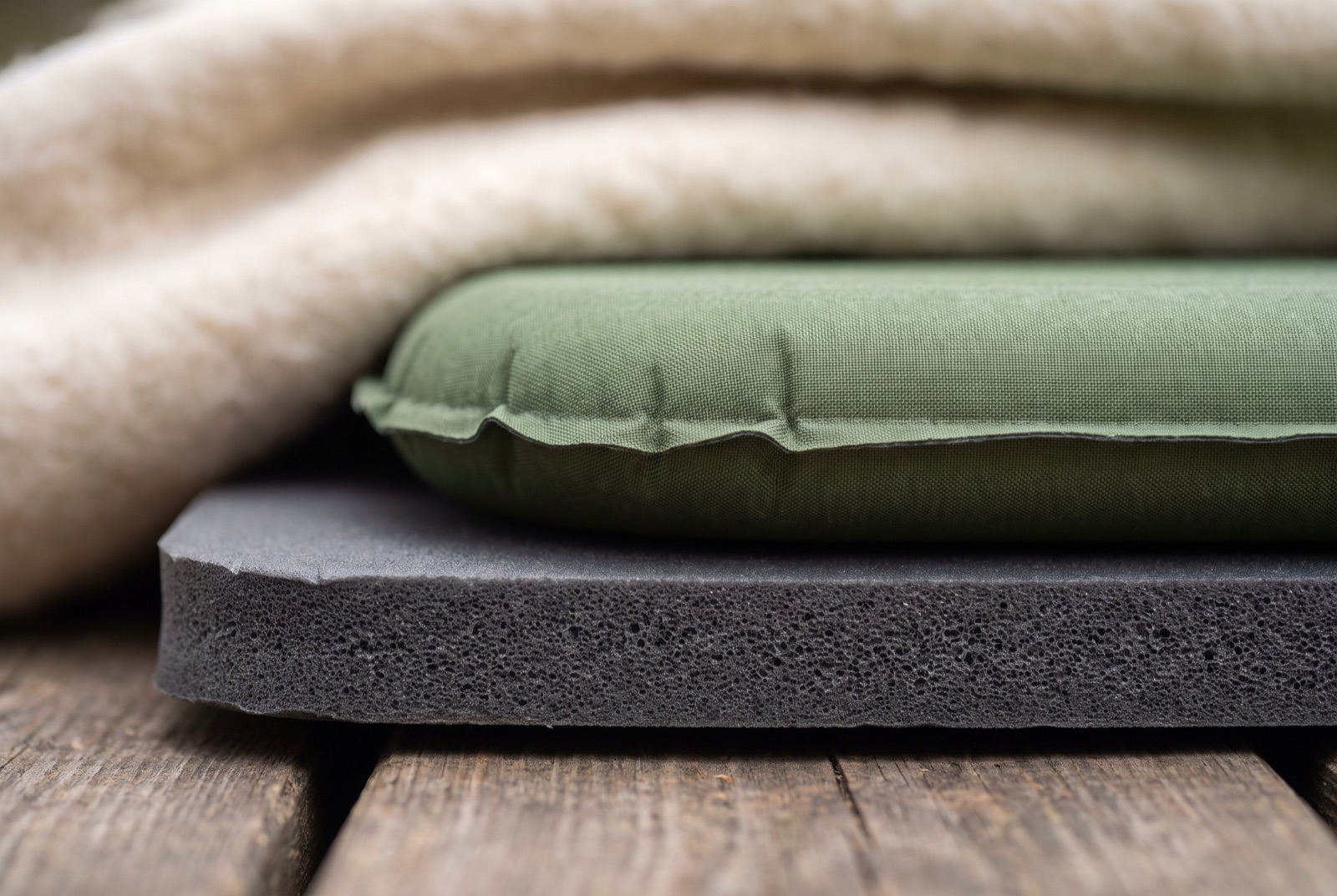 A closed-cell foam mat stacked beneath an inflatable sleeping mat, photographed from the edge.