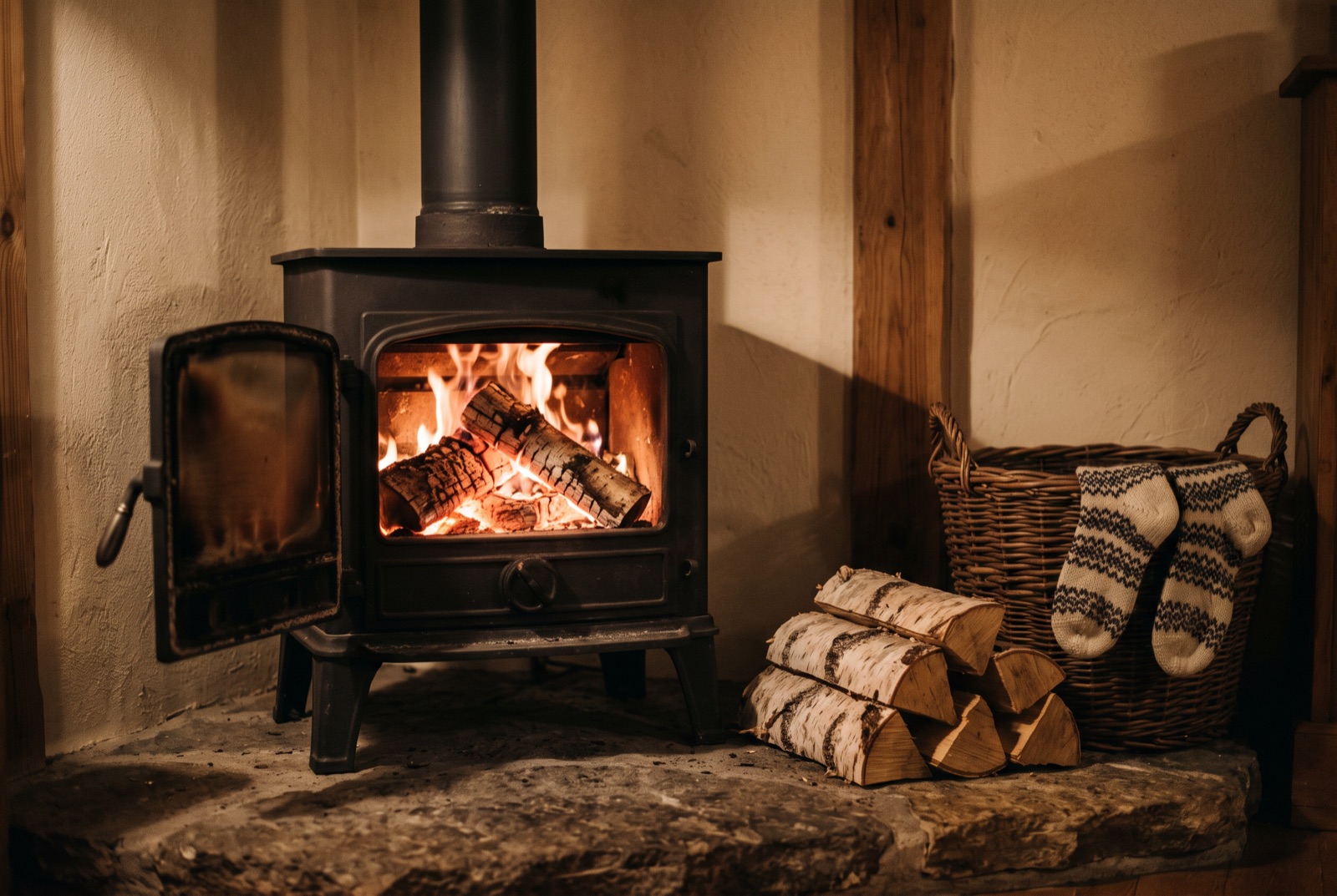 A wood burner with its door ajar beside a stack of split birch logs and a pair of wool socks drying on a log basket.