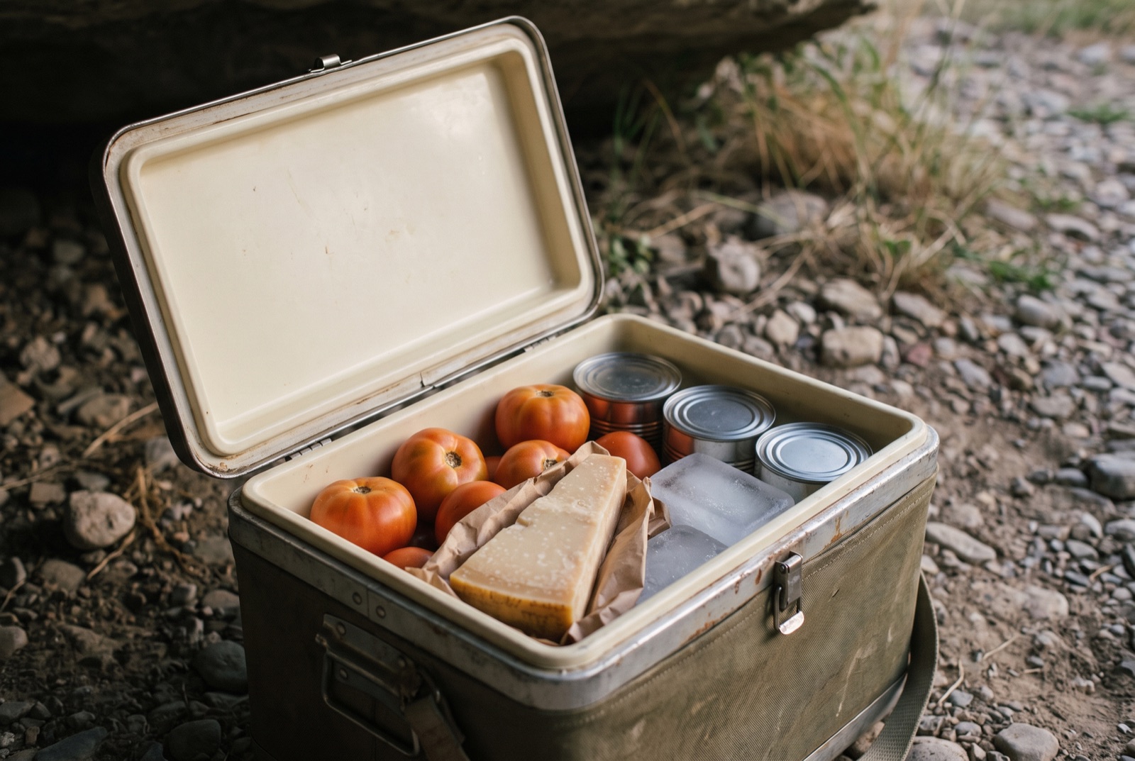 An open cool box in the shade holding tomatoes, wrapped cheese, tins and two ice blocks.