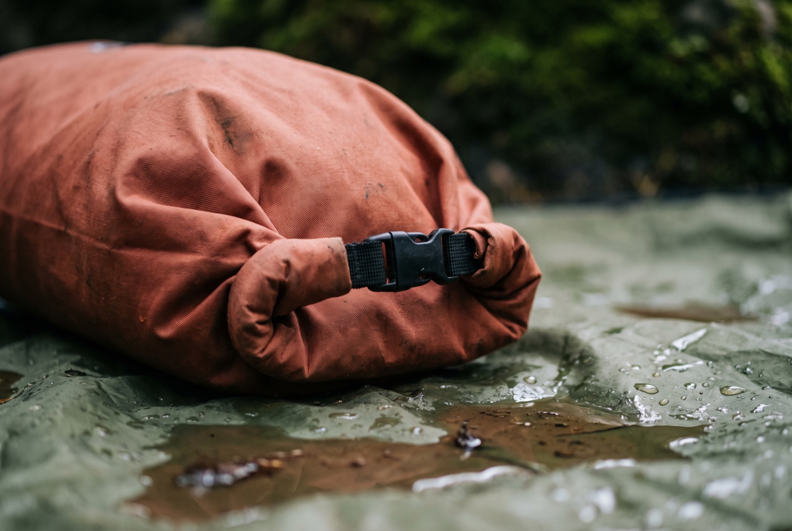 The rolled and buckled top of a dry bag resting on a wet groundsheet.