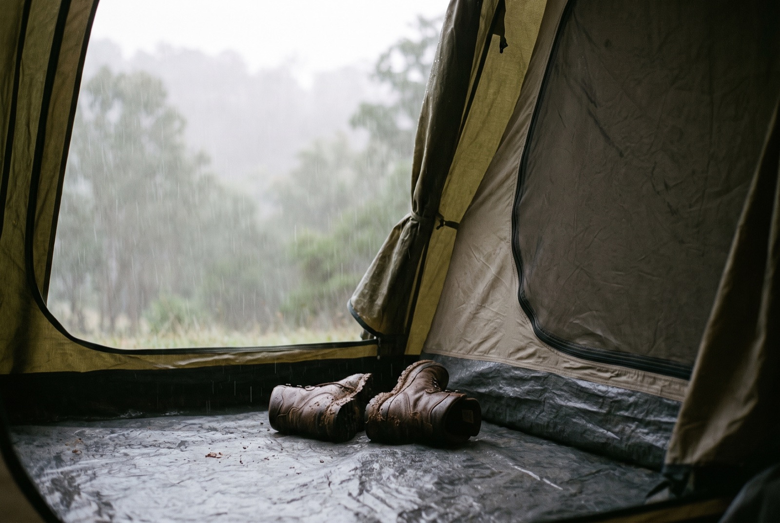 Muddy boots left on their sides in a tent porch with the inner door zipped closed and rain falling outside.
