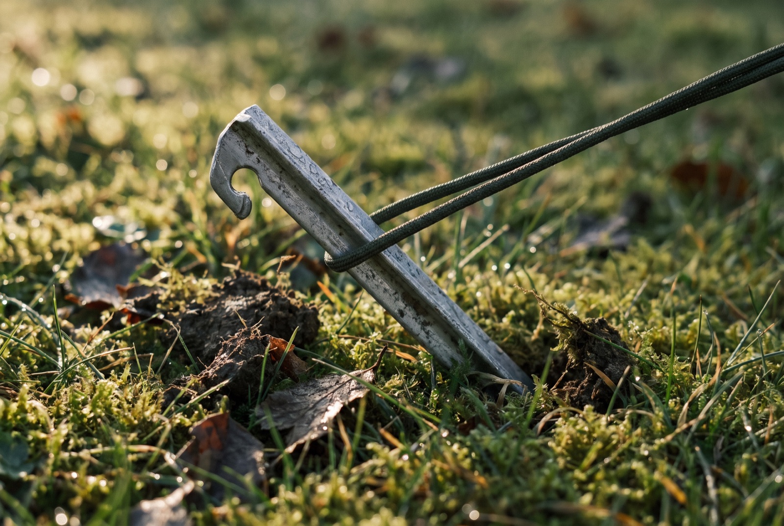 A Y-section tent peg driven into turf at an angle with a guy line looped over it.