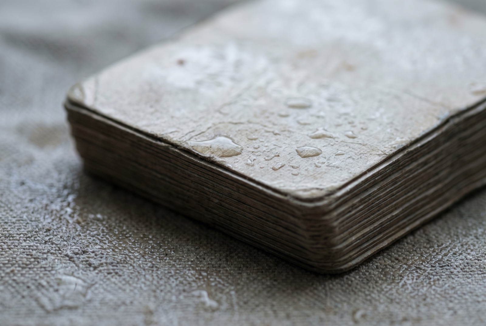 A well-used deck of playing cards on damp canvas, water beading on the top card