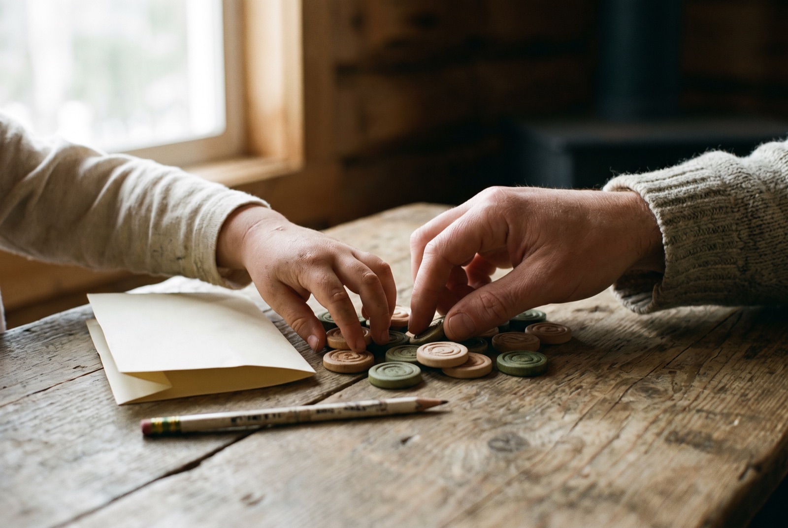 An adult's hand and a child's hand reaching across a wooden table towards scattered game pieces, a folded scrap of paper and a pencil