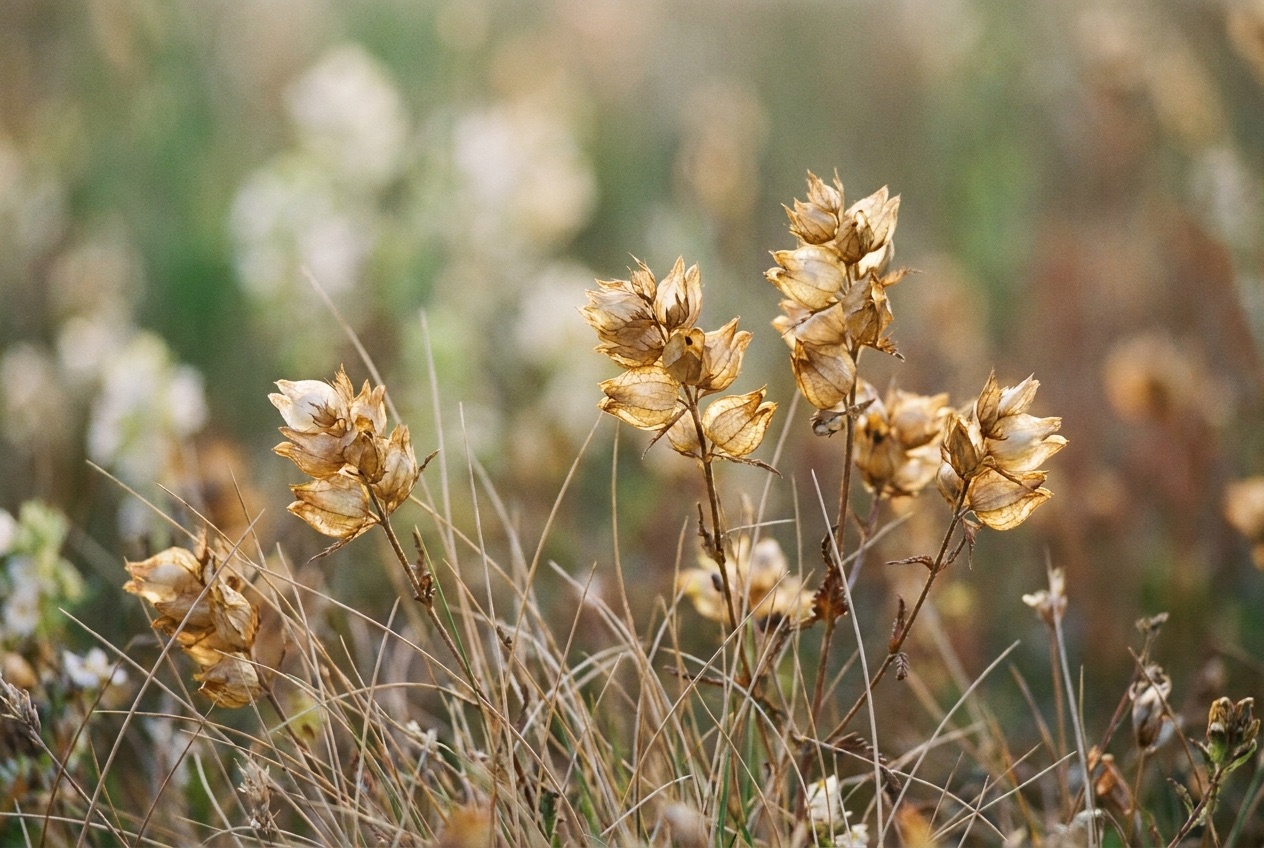 Yellow rattle seedheads standing above thinning grass in a meadow, the papery capsules brown and dry