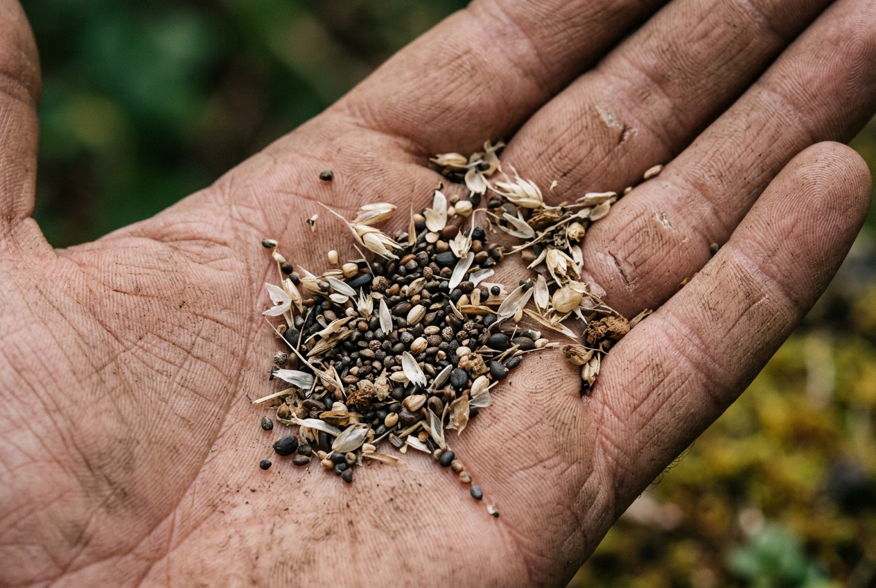 A palmful of mixed wildflower seed, chaff and small dark seeds against a weathered hand