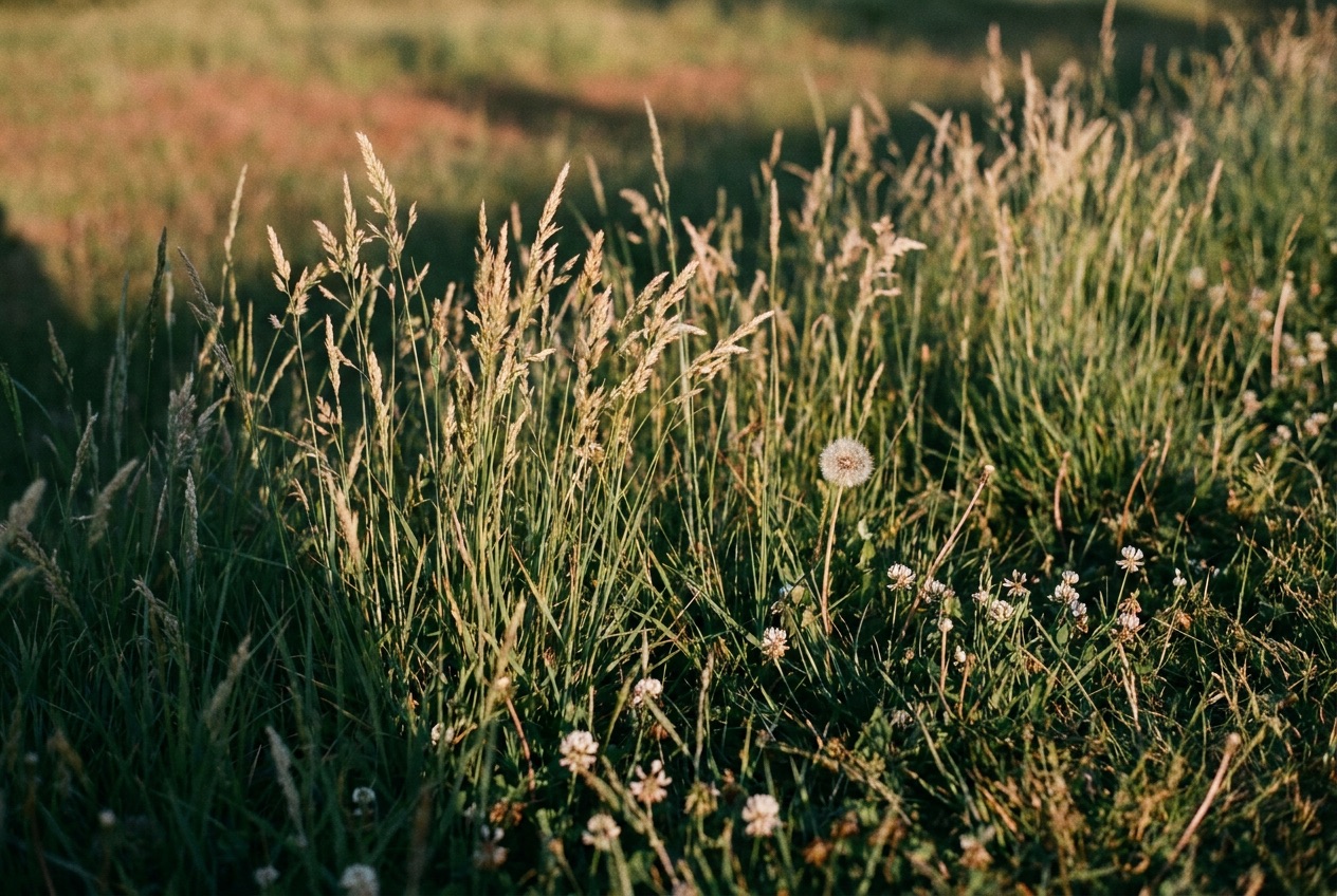 Long uncut lawn grass gone to seed in low evening light, clover and a dandelion clock among it