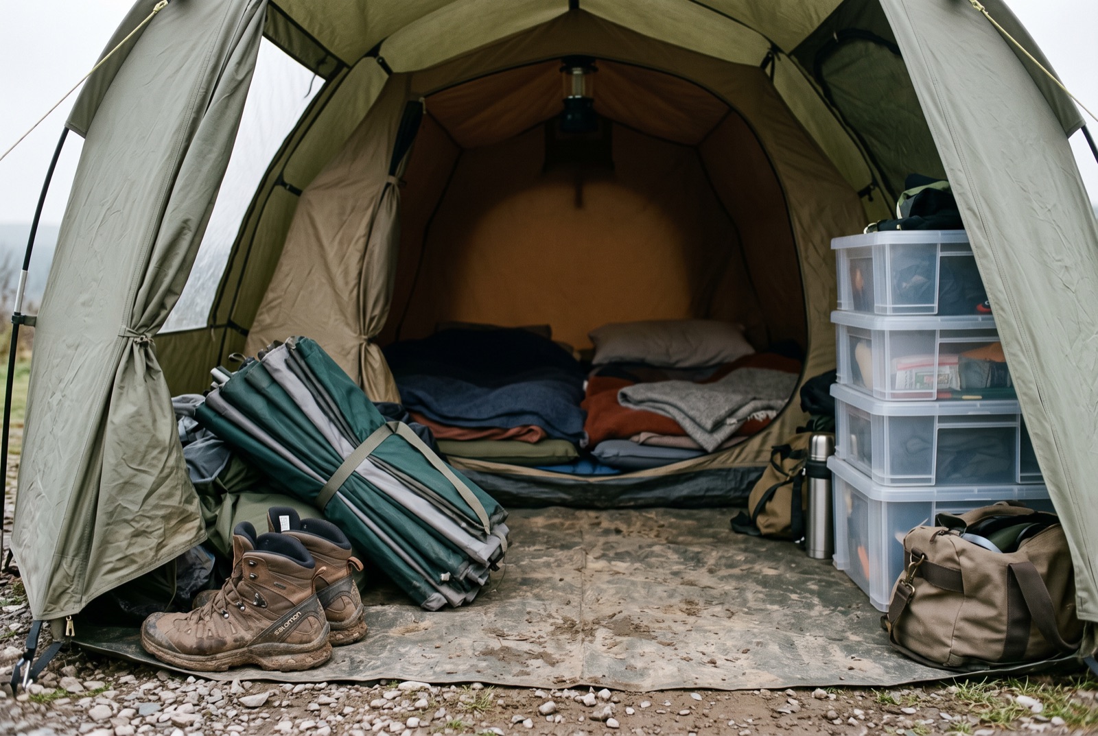 A tent porch packed with boots, boxes and a folded windbreak, with the inner door unzipped onto bedding behind