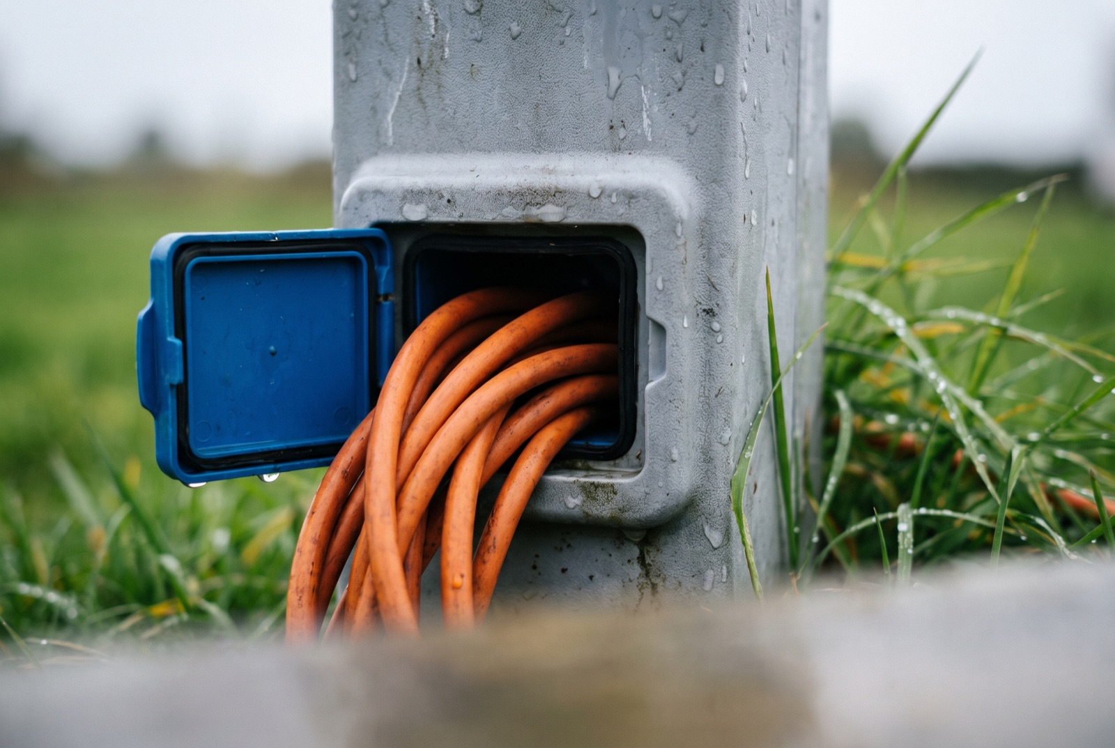 A close view of a weathered electric hook-up bollard with an orange cable plugged into its blue socket, rain beading on the housing.