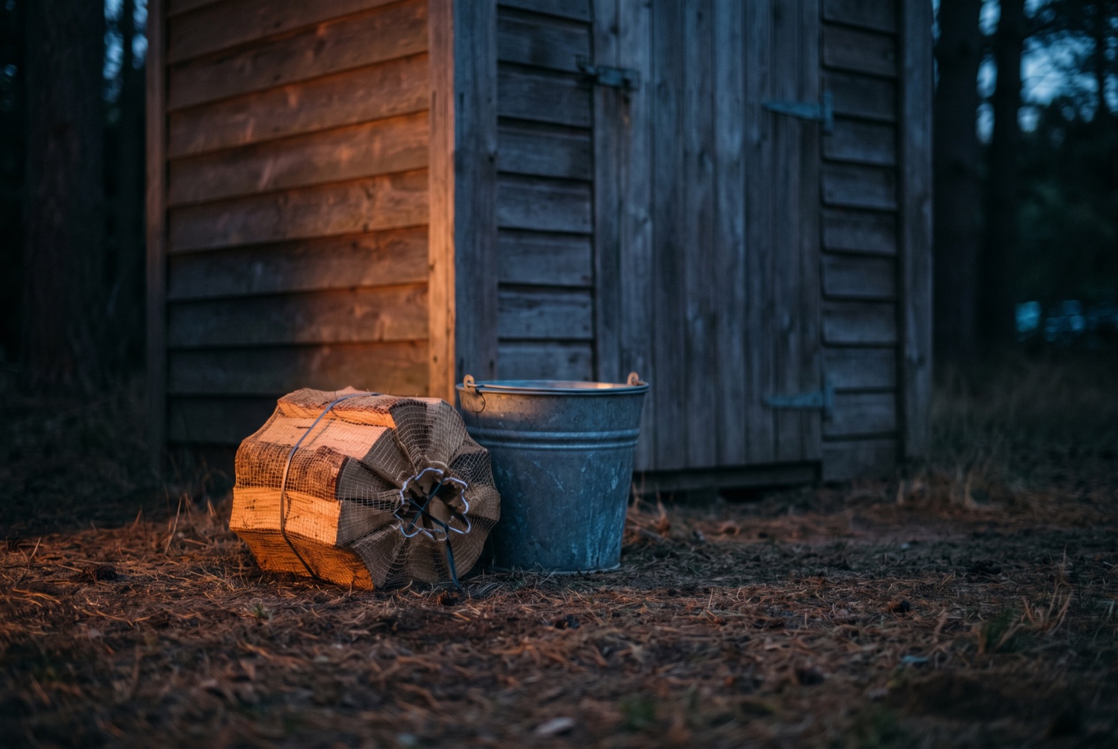 A stack of netted firewood and a galvanised bucket outside a closed timber shed at dusk, lit from one side.