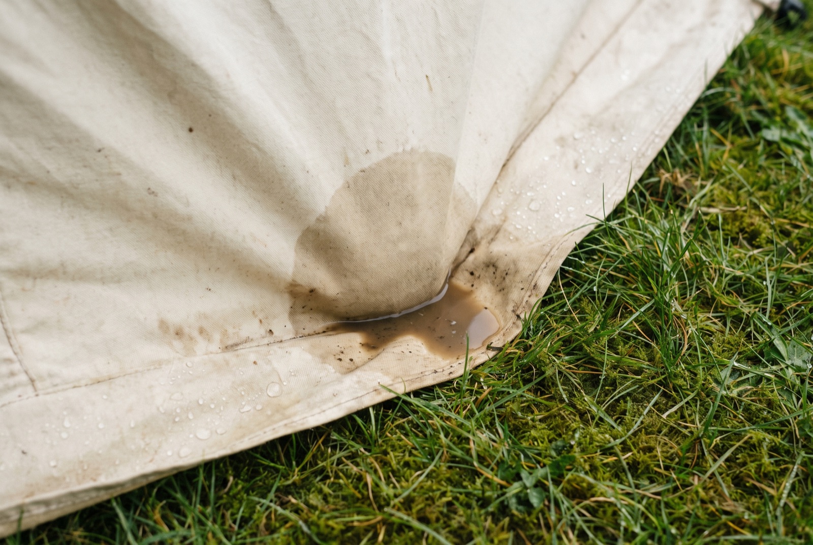 A tent groundsheet pressed down into wet grass, with water pooling around the depression