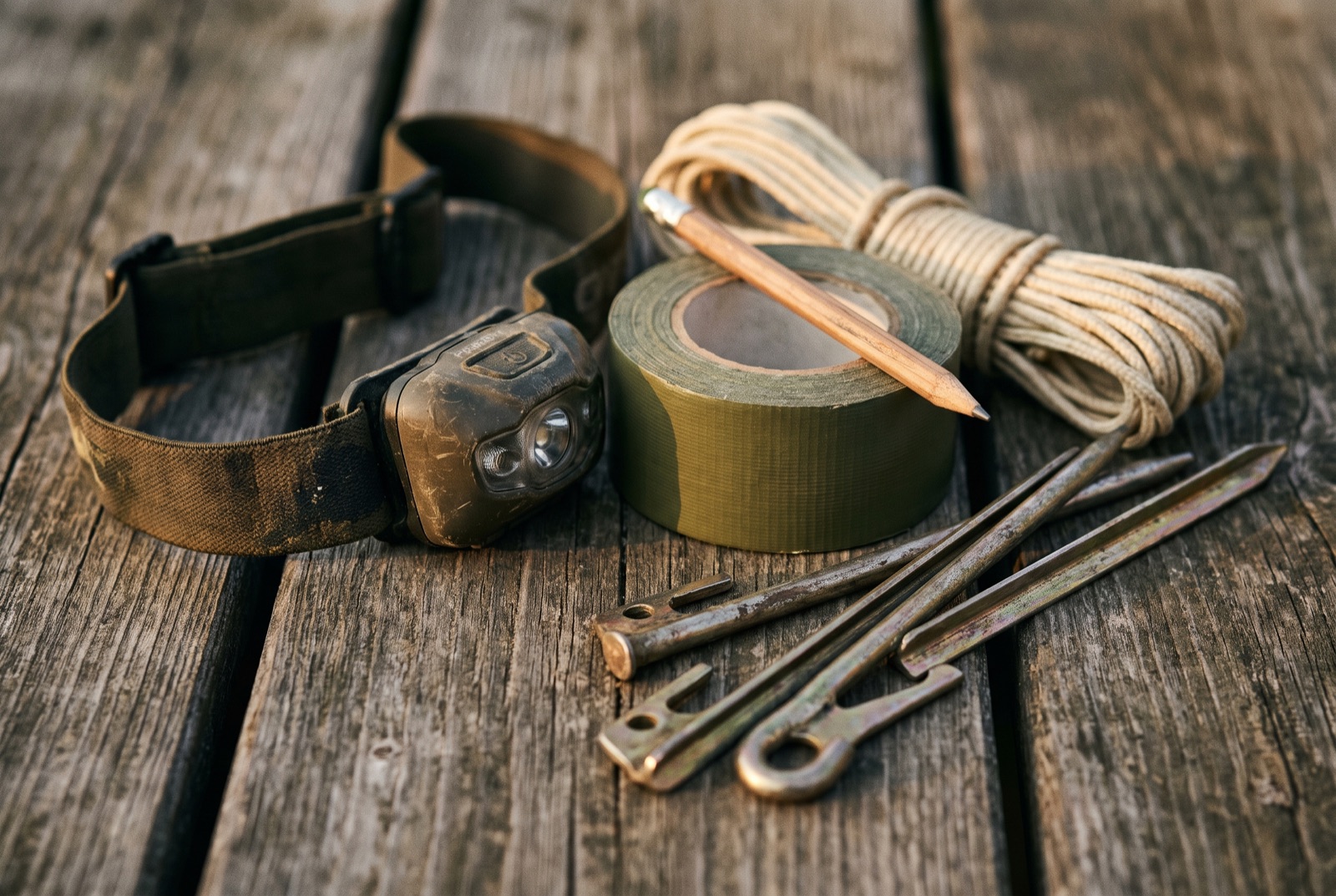 A head torch, gaffer tape wound round a pencil, spare guy line and four tent pegs laid out on weathered timber.