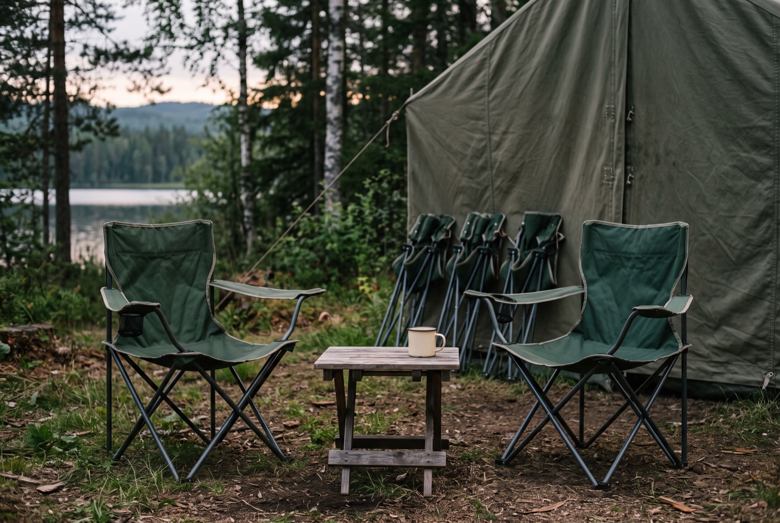 Two camping chairs in use beside a small table, with four more folded chairs leaning unused against a tent behind.