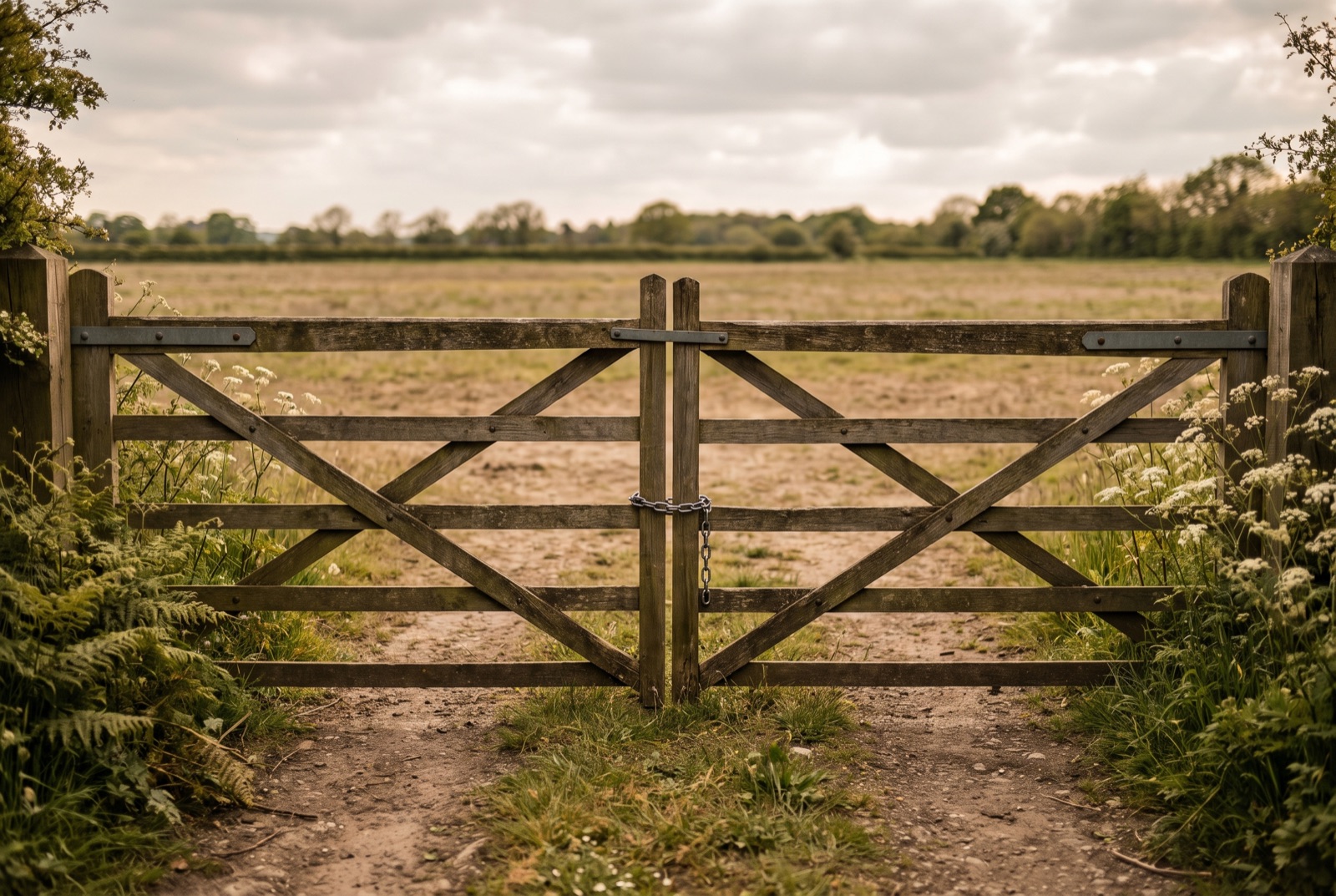 A chained five-bar timber gate across a rough track, with an empty field beyond and cow parsley growing along the verge.