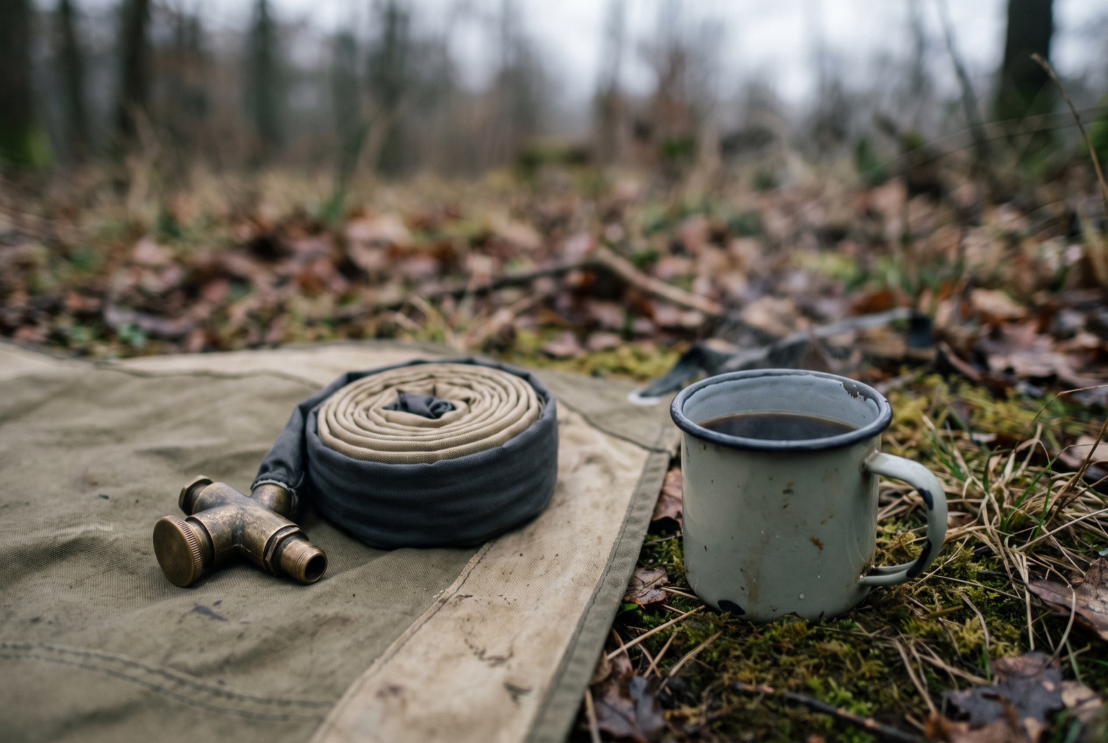 An inflation valve and pump sack on a tent groundsheet beside a cooling enamel mug
