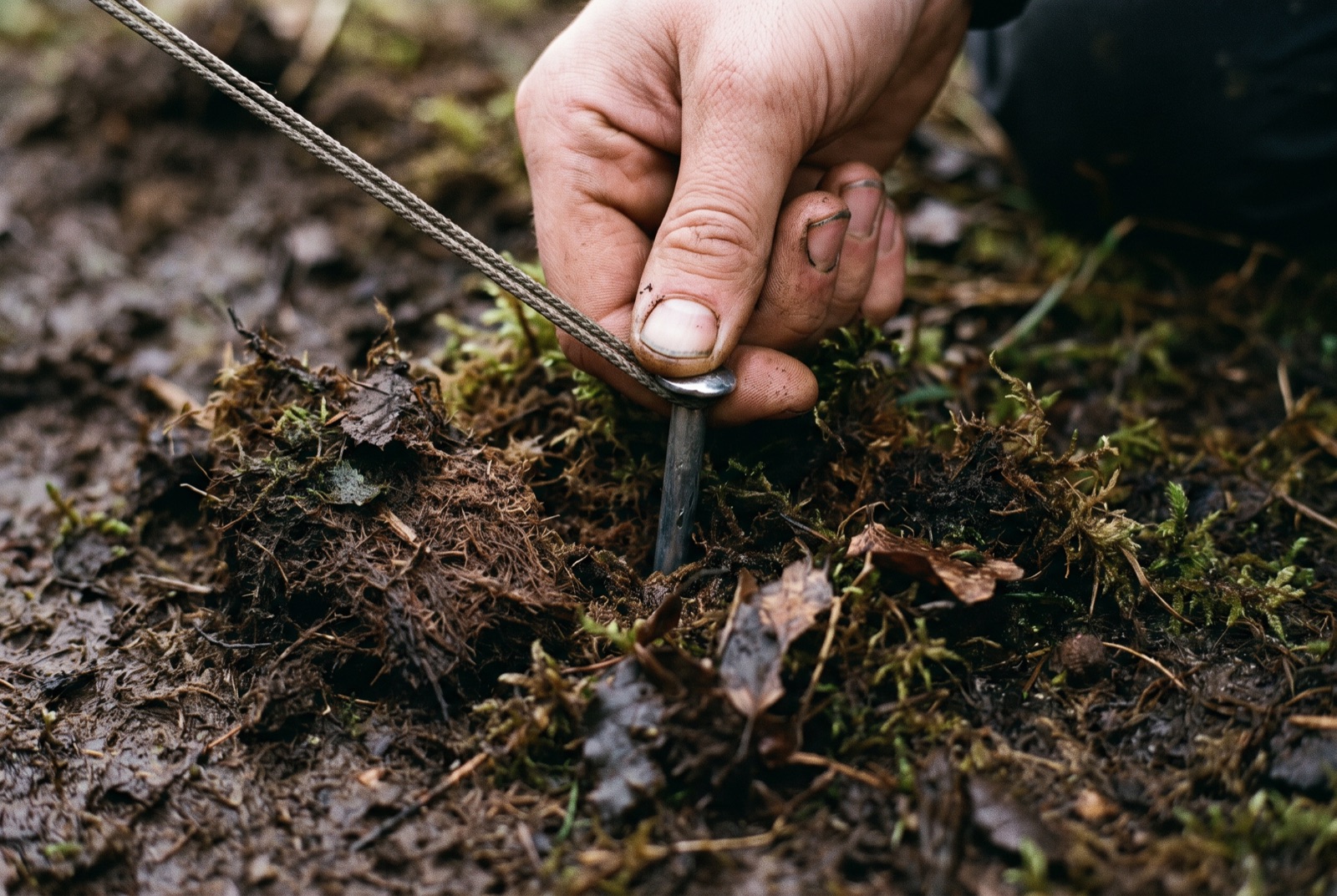A hand pushing a tent peg into thin peaty turf, with a taut guyline crossing the frame.