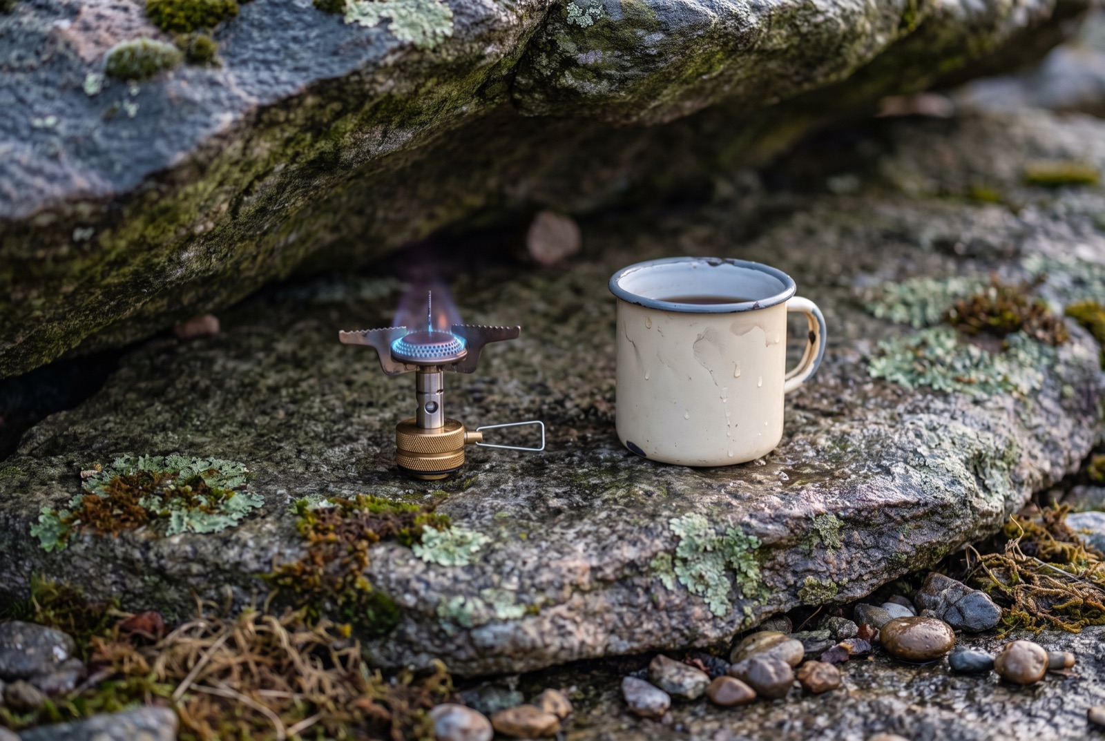 A small gas stove burning on wet lichen-covered granite beside a battered enamel mug.
